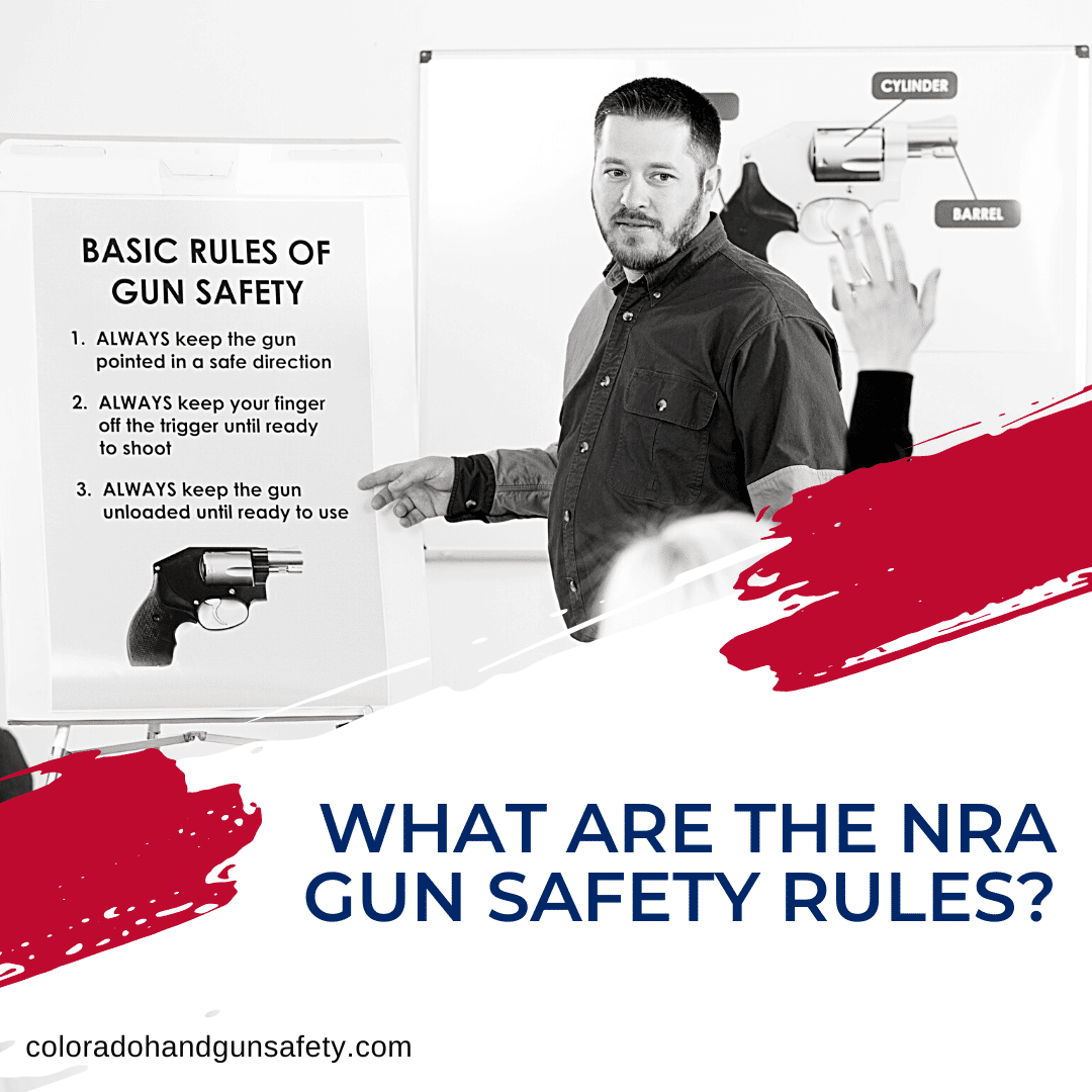 The graphic shows a black and white image of a gun safety course. On the bottom portion of the graphic is the title of the blog, which reads, "What Are The NRA Gun Safety Rules?"