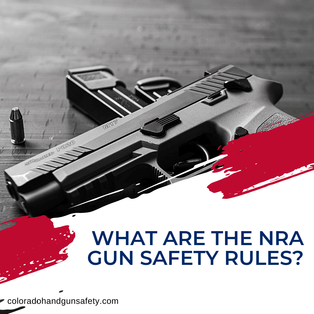 The graphic shows a black and white image of a gun sitting on a table. On the bottom portion of the graphic is the title of the blog, which reads, "What Are The NRA Gun Safety Rules?"