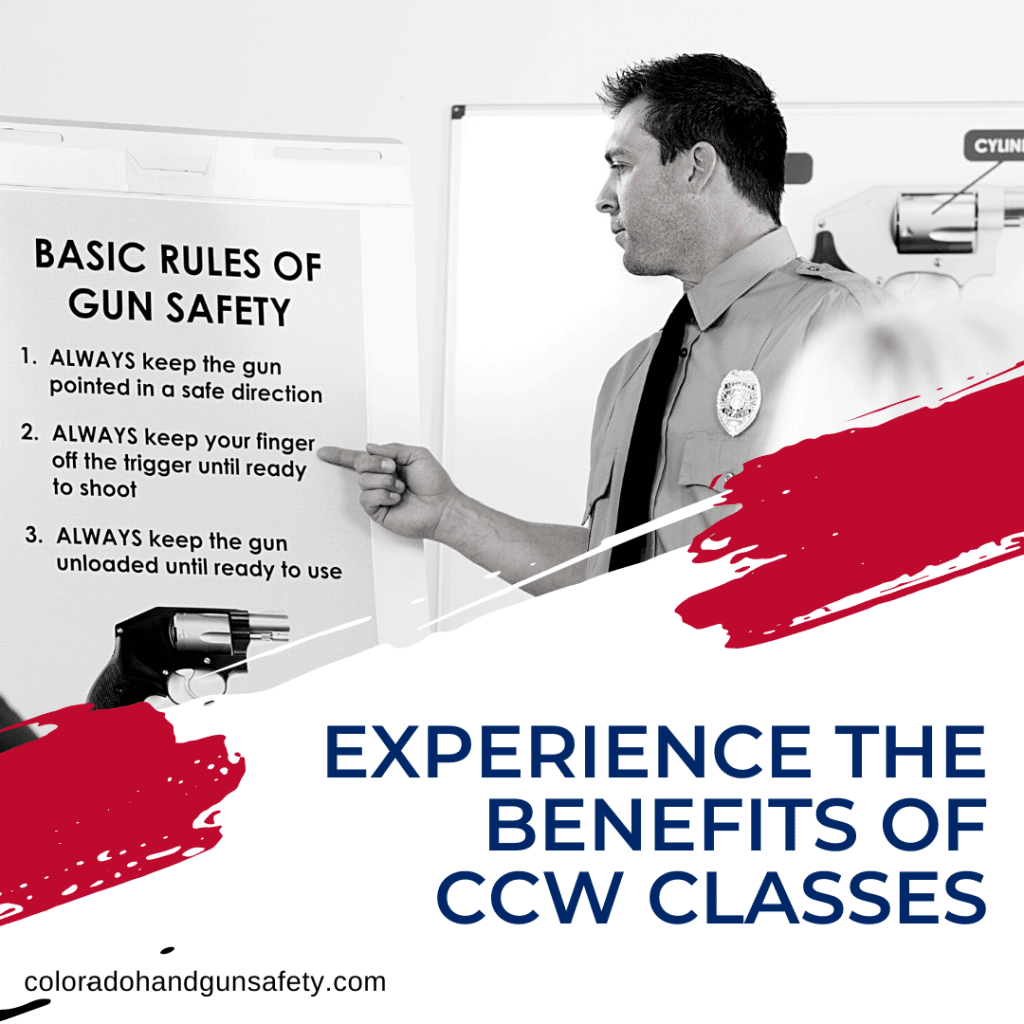 The graphic shows a black and white image of a teacher pointing at a board that reads "Basic Rules Of Gun Safety." At the bottom of the graphic is the title, which reads, "Experience The Benefits OfC CW Classes."
