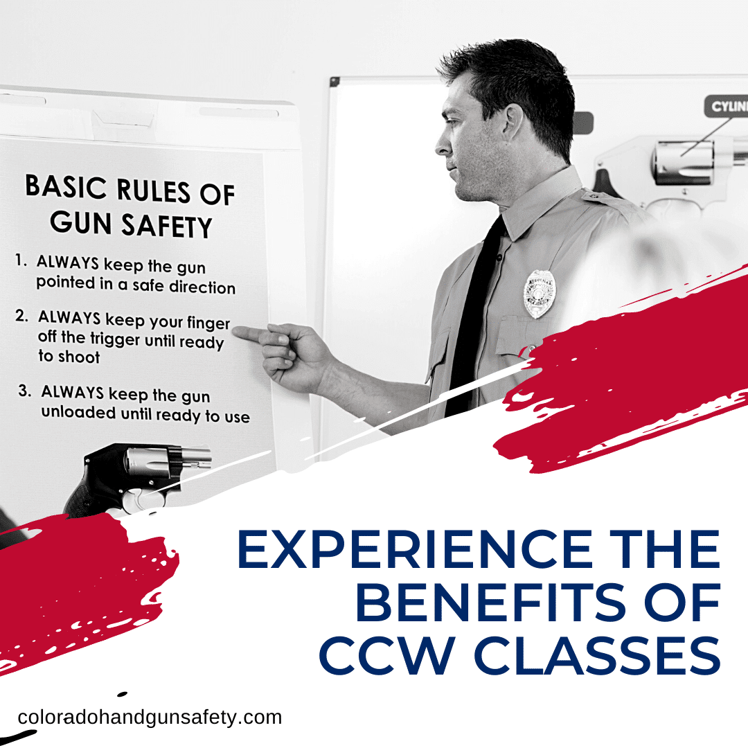 The graphic shows a black and white image of a teacher pointing at a board that reads "Basic Rules Of Gun Safety." At the bottom of the graphic is the title, which reads, "Experience The Benefits OfC CW Classes."