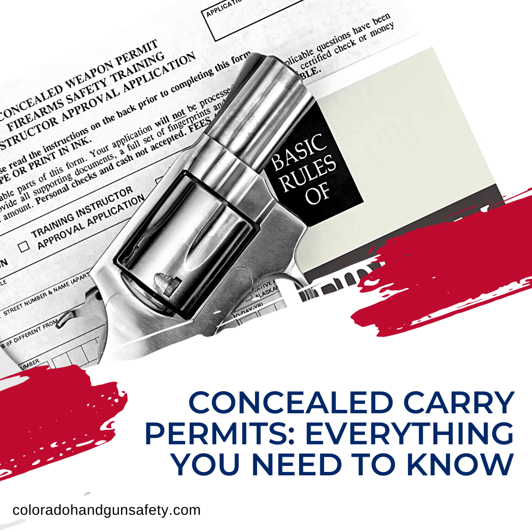 The graphic shows a black and white image of a small handgun resting on top of some papers, one of which is a concealed carry permit. On the bottom portion of the graphic, the title reads, "Concealed Carry Permits: Everything You Need To Know."