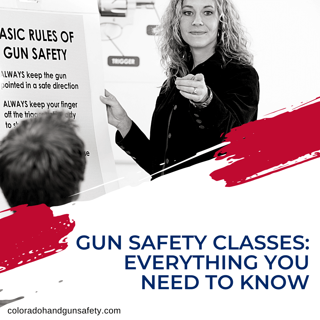 The graphic shows a black and white image of a woman teaching a handgun safety class, and she's point at a student, as if she's answering a question. On the bottom portion of the graphic is the title of the blog, which reads, "Gun Safety Classes: Everything You Need To Know."
