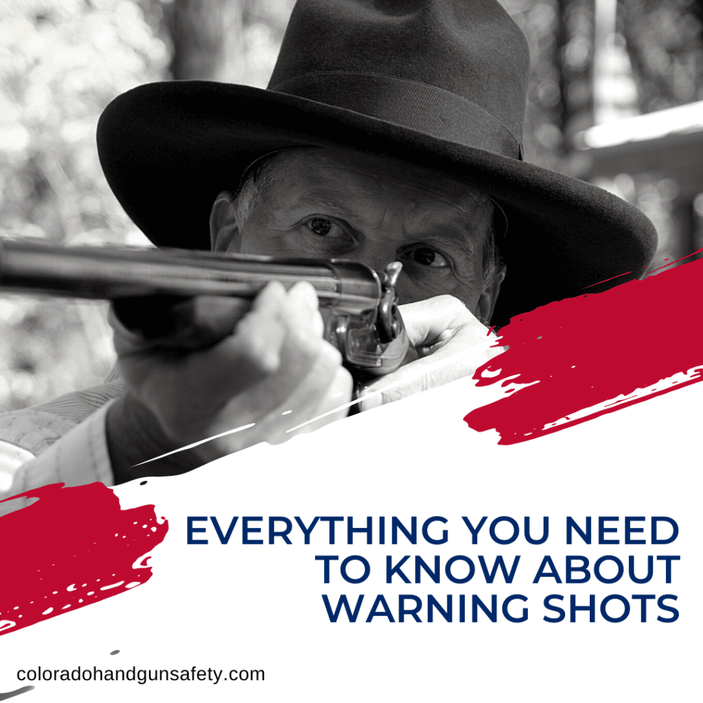 This graphic shows a black and white picture of a man with a wide-brimmed hat on pointing a shotgun toward the distance. At the bottom of this graphic is the title, which reads, "Everything You Need To Know About Warning Shots."