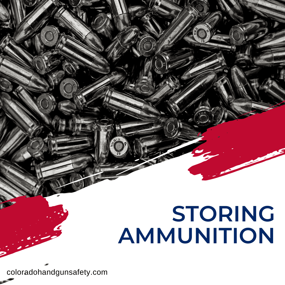 This graphic features a black and white image of a bunch of ammunition. On the bottom right portion of this graphic is the title of the blog, which reads, "Storing Ammunition."