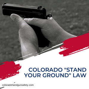 The graphic features a black and white image of hands holding a gun. On the bottom portion of the graphic is the title of the blog in blue letters, which reads, "Colorado 'Stand Your Ground' Law".