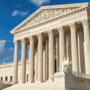 The image shows the front of the U.S. Supreme Court building in Washington D.C.