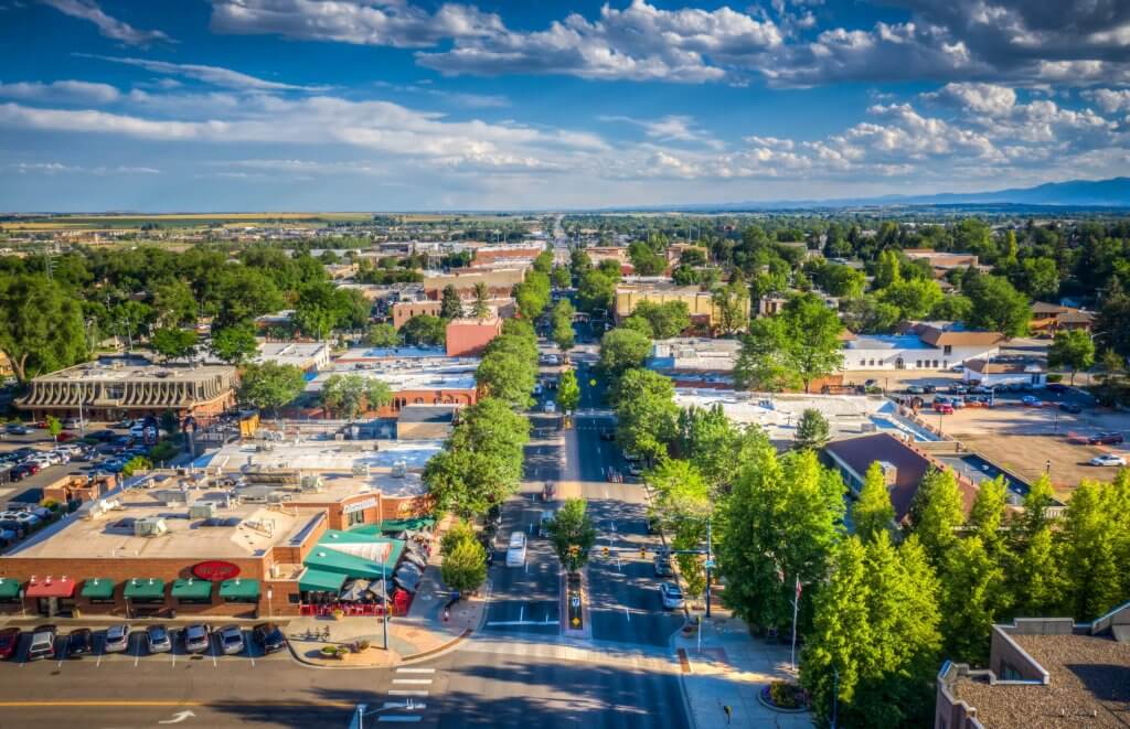 This image shows an aerial view of downtown Longmont, CO.