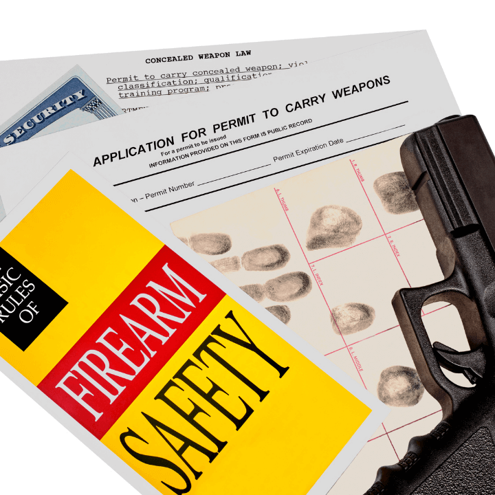The graphic shows a pamphlet on firearm safety, a gun, a social security guard, a paper filled with fingerprints, and a CCW permit all lying on a table.