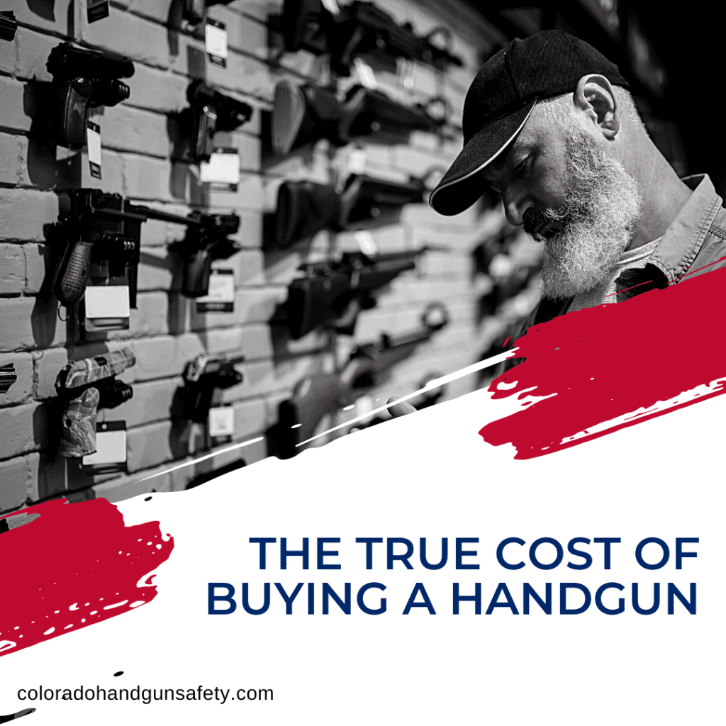 The graphic shows a black and white image of an older man standing in front of a wall with a bunch of different guns for sale on it. On the bottom-right corner of the graphic is the title of the blog, which reads, "The True Cost Of Buying A Handgun".