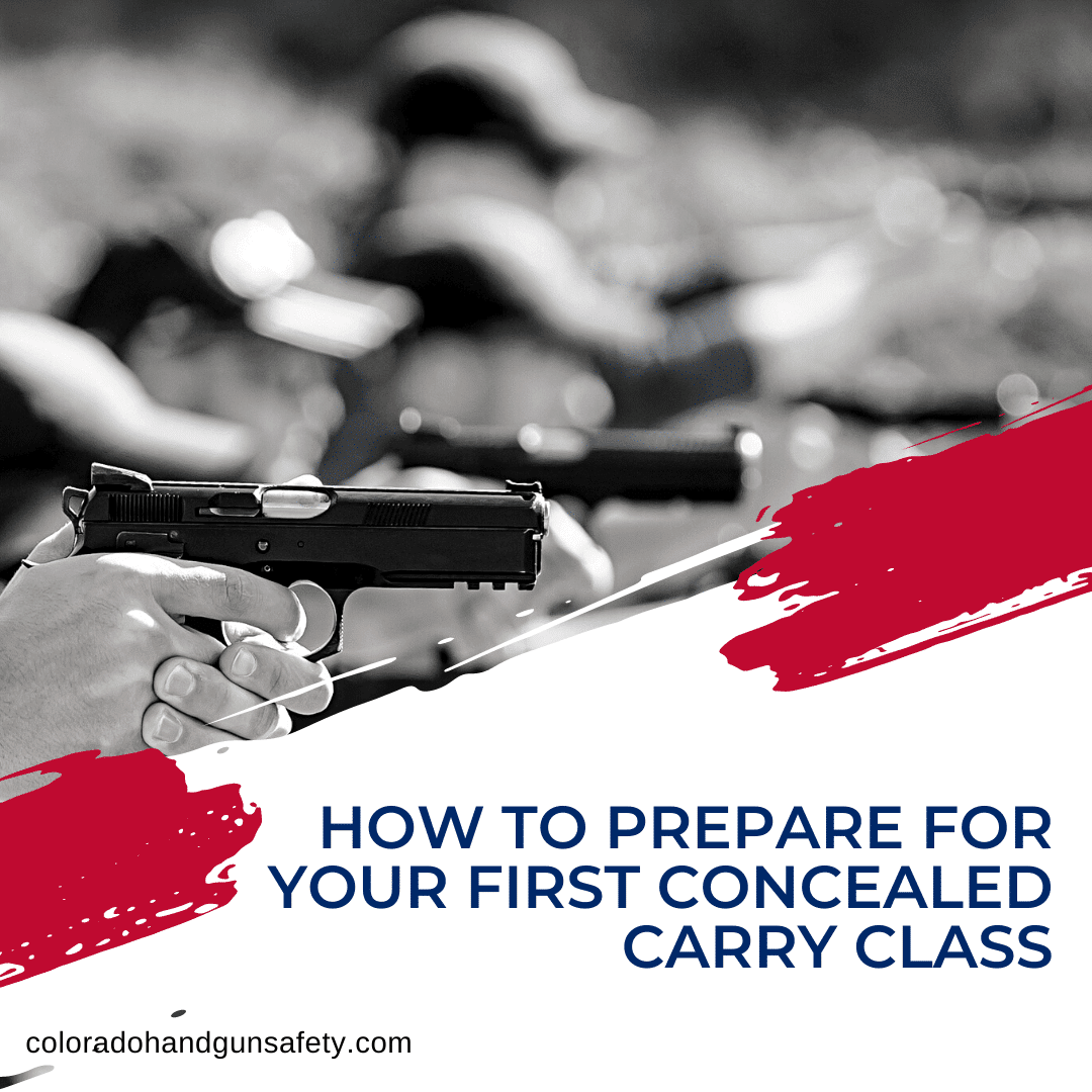 This graphic features an image of a group of CCW class students lined up and holding their handguns straight in front of them. In the bottom-left corner of the graphic is the title of the blog, which reads, "How To Prepare For Your First Concealed Carry Class".