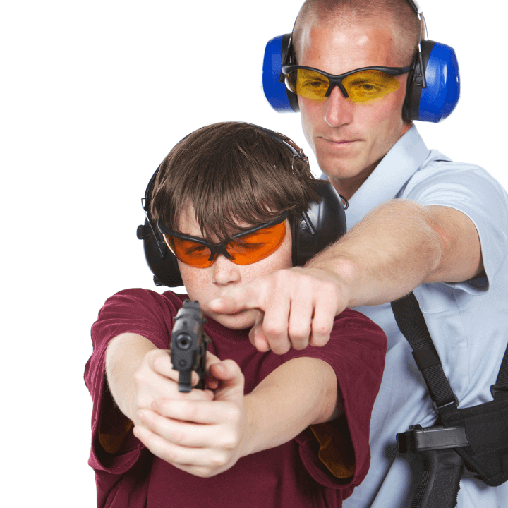 a picture of a father and a son shooting guns