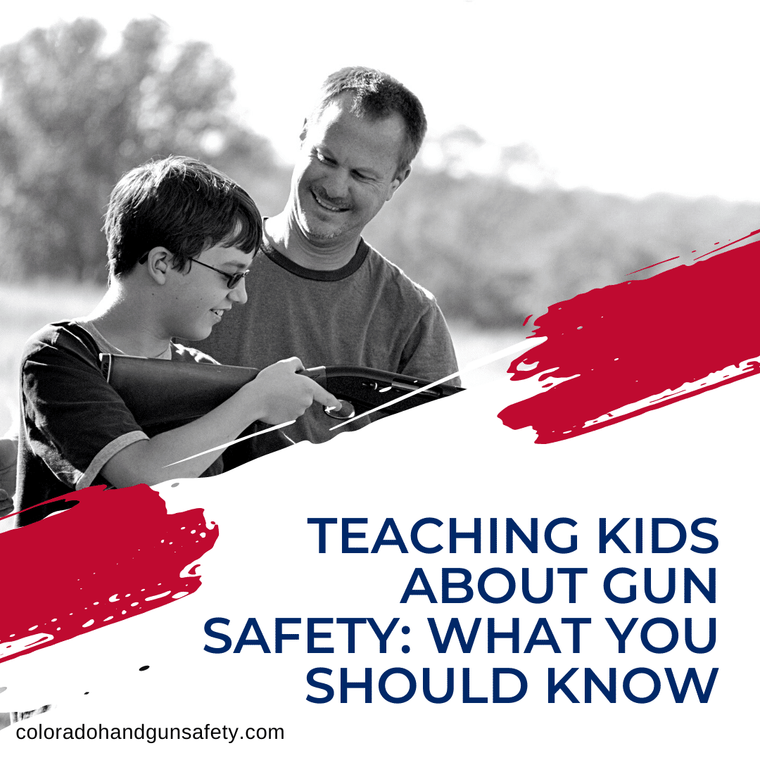 a picture of a father and a son learning about guns with the blog title that reads, "teaching kids about gun safety: what you should know"